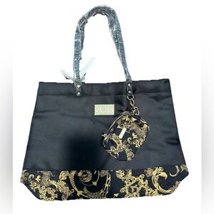 Versace Parfums Black & Gold Weekender Tote W Dust Bag Purse Handbag Coin Pouch